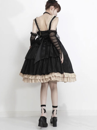 Gothic Lolita Kleider Schleifen Spitze Schwarz Schwarz