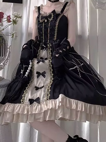 Gothic Lolita Kleider Schleifen Spitze Schwarz Schwarz