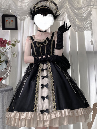 Gothic Lolita Kleider Schleifen Spitze Schwarz Schwarz