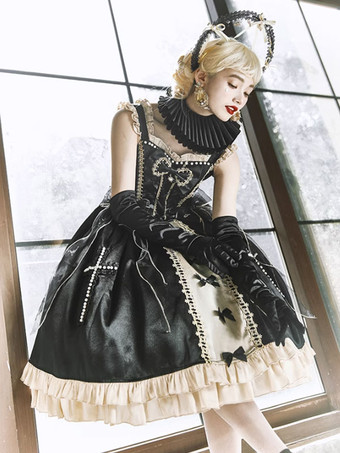 Gothic Lolita Kleider Schleifen Spitze Schwarz Schwarz