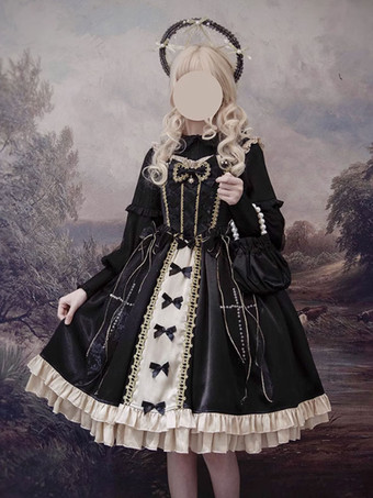 Gothic Lolita Kleider Schleifen Spitze Schwarz Schwarz