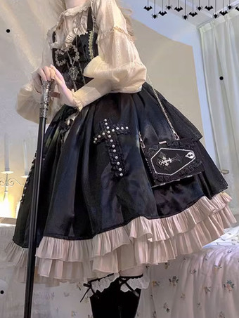 Gothic Lolita Kleider Schleifen Spitze Schwarz Schwarz