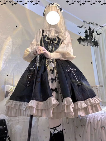 Gothic Lolita Kleider Schleifen Spitze Schwarz Schwarz