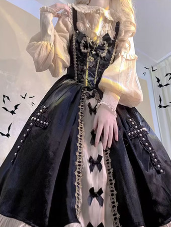 Gothic Lolita Kleider Schleifen Spitze Schwarz Schwarz