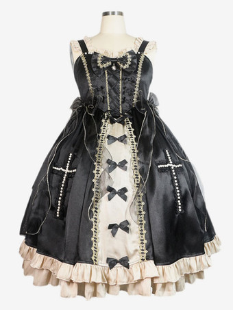 Gothic Lolita Kleider Schleifen Spitze Schwarz Schwarz