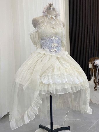 Abiti da sposa Lolita Stile Tea Party Gonna Lolita Pizzo maniche corte Poliestere Dolce azzurro cielo