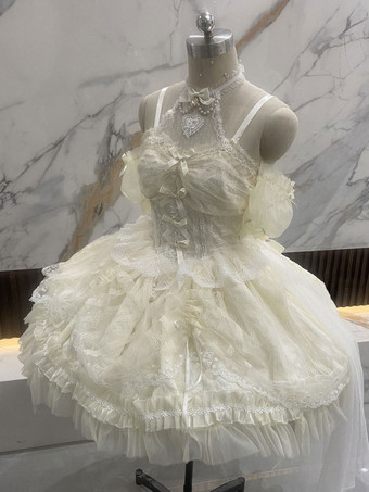 スイートロリータ JSK ドレス エクリュ ホワイト ノースリーブ パール レース ロリータ ジャンパー スカート ウェディング ドレス