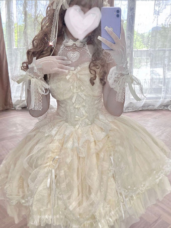 Abito Sweet Ballet Lolita JSK Gonne maglione Lolita in pizzo bianco ecru senza maniche con perle