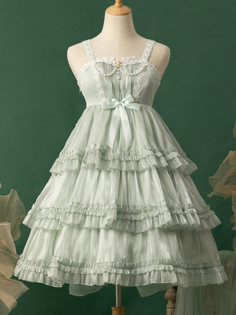 グリーン ロリータドレス ティーパーティースタイル ロリータスカート ピンク ガーゼ ロマンス マルチレイヤー フリル 蝶結び パール ノースリーブ ポリエステル スイート エレガント プリンセス ライトアプリコット