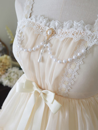 ロリータドレス ティーパーティースタイル ロリータスカート ピンク ガーゼ ロマンス マルチレイヤー フリル 蝶結び パール ノースリーブ ポリエステル スイート エレガント プリンセス ライトアプリコット