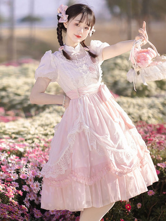 クラシック ロリータ ドレス ポリエステル 半袖 ロリータ ドレス 花柄 クラシック ピンク