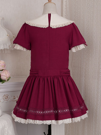 クラシック ロリータ ドレス ポリエステル 半袖 クラシック ロリータ ドレス バーガンディ