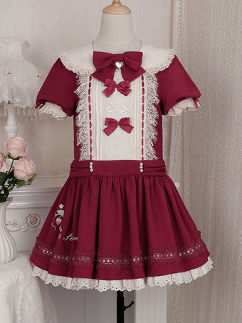 クラシック ロリータ ドレス ポリエステル 半袖 クラシック ロリータ ドレス バーガンディ