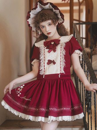 クラシック ロリータ ドレス ポリエステル 半袖 クラシック ロリータ ドレス バーガンディ