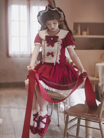 クラシック ロリータ ドレス ポリエステル 半袖 クラシック ロリータ ドレス バーガンディ