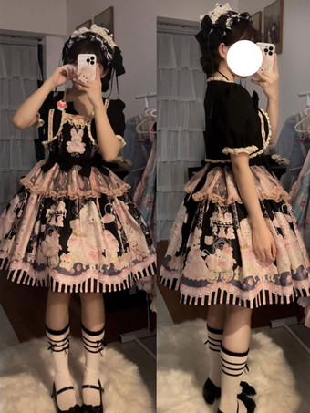 ブラック スイートロリータドレス ポリエステル半袖OPロリータドレス