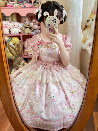 ピンクスイートロリータドレス ポリエステル半袖OPロリータドレス