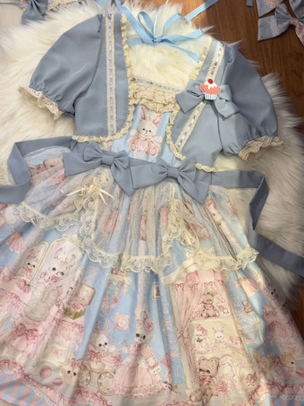 ライトスカイブルースイートロリータドレス ポリエステル半袖OPロリータドレス