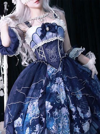 甘いロリータ衣装ディープブルー花柄ノースリーブドレスオーバースリーブアクセサリー