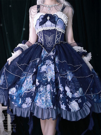 甘いロリータ衣装ディープブルー花柄ノースリーブドレスオーバースリーブアクセサリー