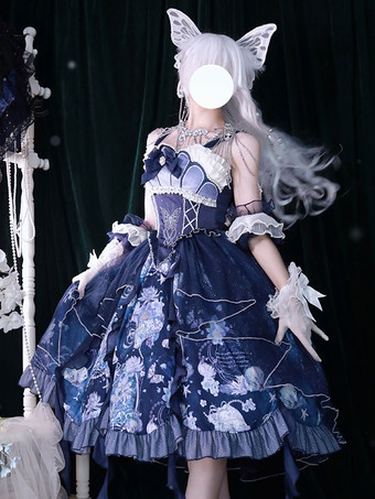 甘いロリータ衣装ディープブルー花柄ノースリーブドレスオーバースリーブアクセサリー