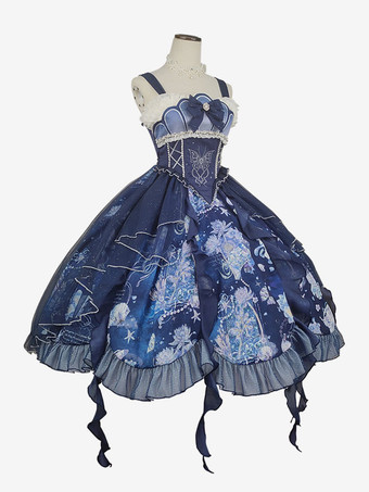 甘いロリータ衣装ディープブルー花柄ノースリーブドレスオーバースリーブアクセサリー