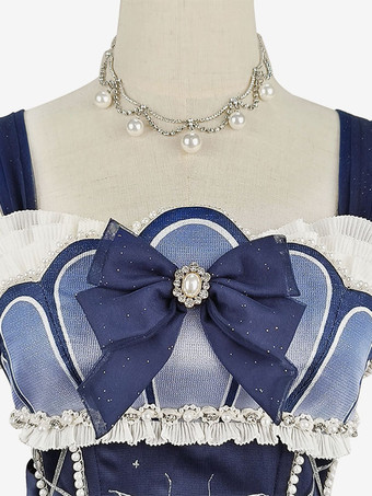 甘いロリータ衣装ディープブルー花柄ノースリーブドレスオーバースリーブアクセサリー