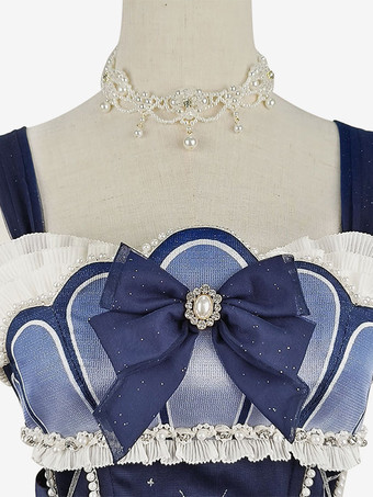 甘いロリータ衣装ディープブルー花柄ノースリーブドレスオーバースリーブアクセサリー