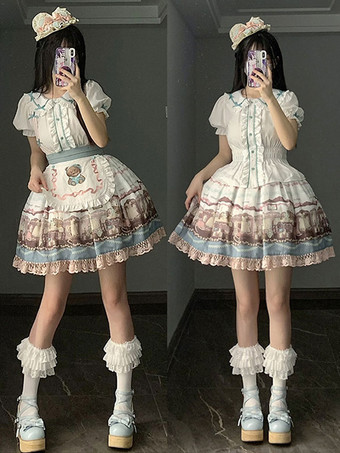 ホワイト ロココスタイル ロリータ ブラウス ホワイト 半袖 ロリータ トップ リボン フリル ロリータ シャツ