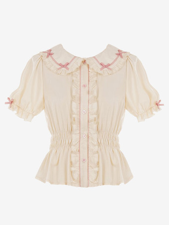 アイボリー ロココスタイル ロリータ ブラウス ホワイト 半袖 ロリータ トップ リボン フリル ロリータ シャツ