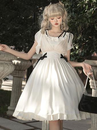 Sweet Lolita OP Dress Wedding Dress Removable Sleeves Polyester Ruffles  Lace Bows White Lolita One Piece Dress