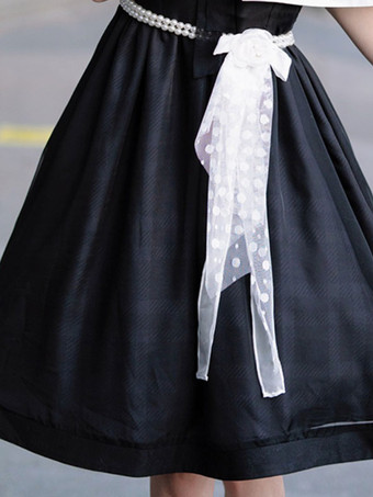 スイートロリータドレスポリエステル半袖パールネイビースタイルロリータドレス
