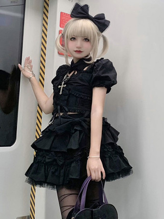 ブラック クラシック ロリータ ドレス ポリエステル 半袖 ロリータ ドレス クラシック ブラック