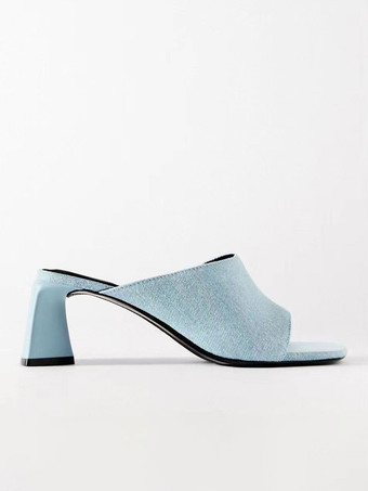 ライトスカイブルーレディース オープントゥ PU レザー チャンキー ヒール スライド サンダル シルバー