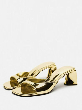 ゴールド レディース オープントゥ PU レザー チャンキー ヒール スライド サンダル シルバー