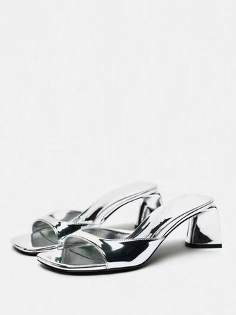 シルバー レディース オープントゥ PU レザー チャンキー ヒール スライド サンダル シルバー