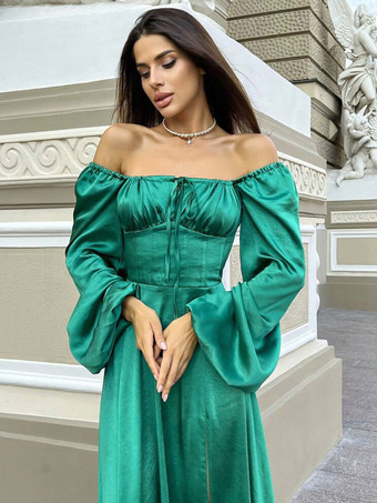 Abiti da festa Abito lungo da ballo con spacco alto maniche lunghe collo a barchetta bordeaux