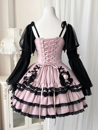 ゴスロリ ドレス レース リボン フリル 編み上げ 花つき 長 ピンク