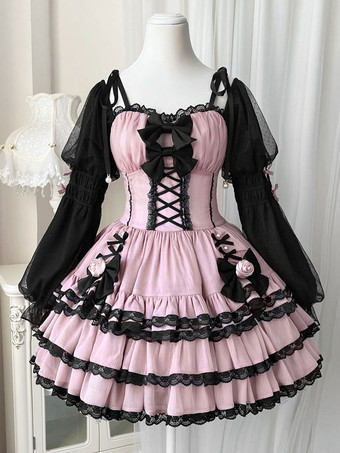 ゴスロリ ドレス レース リボン フリル 編み上げ 花つき 長 ピンク