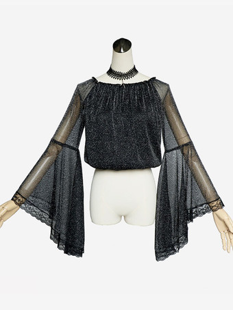 スチームパンク ロリータ ブラウス ロリータ トップ ブラック 長袖 レース ロリータ シャツ