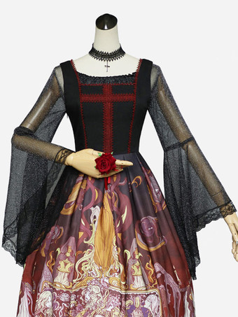 スチームパンク ロリータ ブラウス ロリータ トップ ブラック 長袖 レース ロリータ シャツ