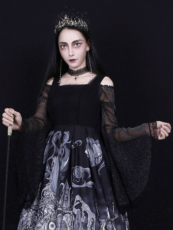 ブラック スチームパンク ロリータ ブラウス ロリータ トップ ブラック 長袖 レース ロリータ シャツ