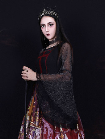 スチームパンク ロリータ ブラウス ロリータ トップ ブラック 長袖 レース ロリータ シャツ