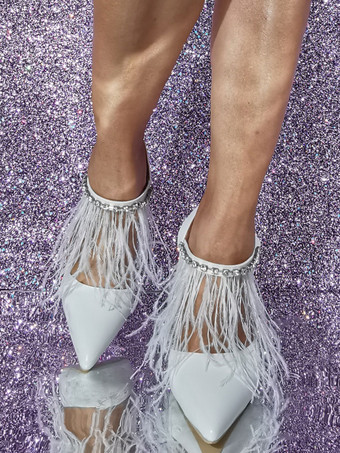 ホワイト ハイヒール フェザー ディテール プロム シューズ