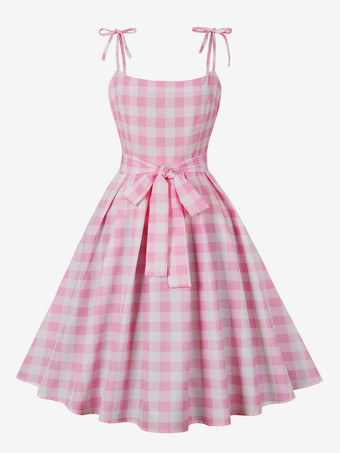 Barbie Pink Gingham Dress 1950s Audrey Hepburn Sleeveless Plaid Vintage Dress