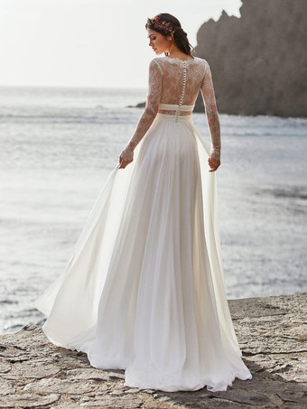 アイボリーボヘミアンウェディングドレス レースAラインスイープロングスリーブVネックブライダルドレス 無料カスタマイズ