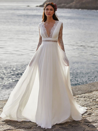 Ivory Boho Wedding Dress Lace A-Line Sweep Long Sleeves V-Neck Bridal Dress Free Customization