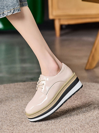 レディース ラウンドトゥ ウェッジヒール パテントレザー オックスフォード