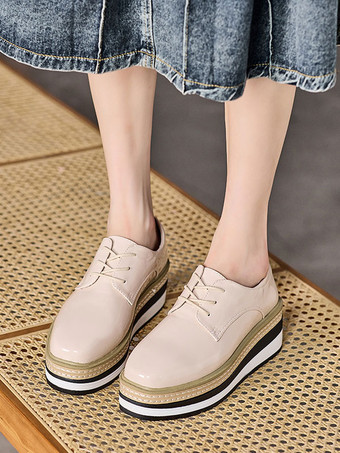 アプリコットレディース ラウンドトゥ ウェッジヒール パテントレザー オックスフォード