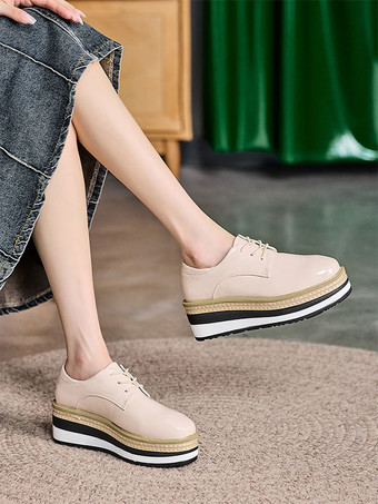 レディース ラウンドトゥ ウェッジヒール パテントレザー オックスフォード